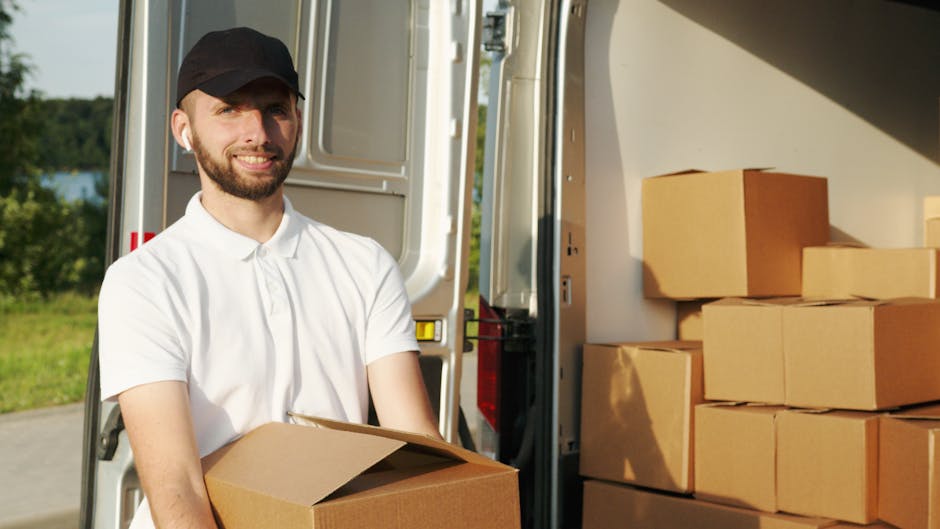 A male worker with a beard, wearing a white polo shirt and a black cap, standing outside near a white van during a home relocation process. He is holding a cardboard box, and several other boxes are s